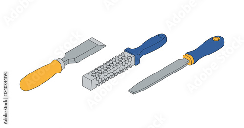 Set of hand tools: chisel, rasp, and file with ergonomic handles
