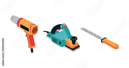 Power tools set: heat gun, belt sander, and file in isometric design