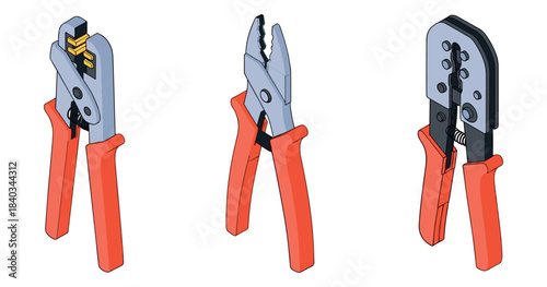 Three types of wire crimping and stripping tools with red handles
