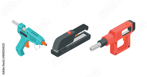 Isometric illustration of glue gun, stapler, and nail gun on white background