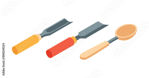 Set of three wood carving tools with colorful handles on white background