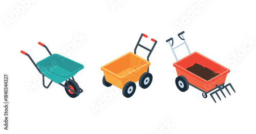 Collection of garden tools including wheelbarrow and gardening cart with soil and rake