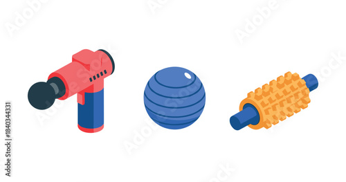 Massage tools set: percussion massager, yoga ball, textured roller for fitness and recovery