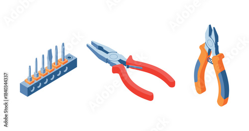 Set of tools: screwdriver bits, pliers, and wire cutters on white background