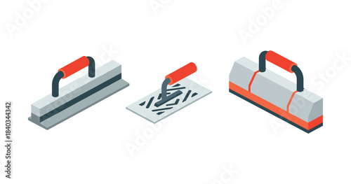 Isometric tiling tools set with red handles for construction