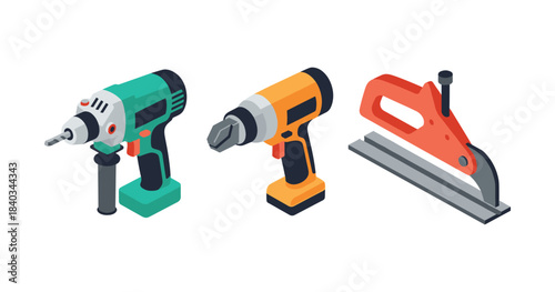 Set of isometric construction tools including drill, screwdriver, and saw