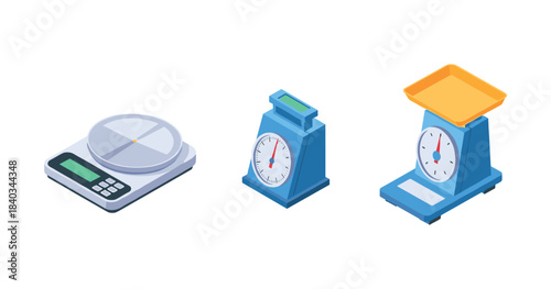 Set of three modern kitchen scales with digital and analog displays