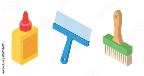 Isometric glue bottle, squeegee, and scrubbing brush on white background