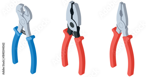 Set of three colorful pliers with blue and red handles