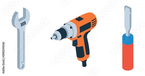 Illustration of wrench, electric drill, and chisel: essential tools for construction and diy