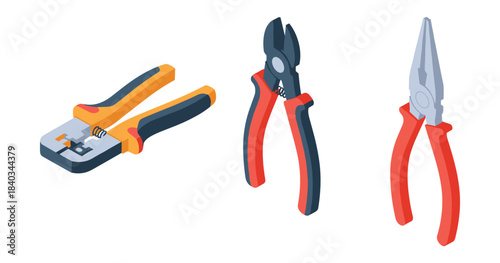 Set of three pliers: wire stripper, bolt cutter, needle nose