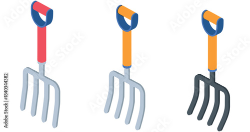 Isometric garden forks with colorful handles on white background