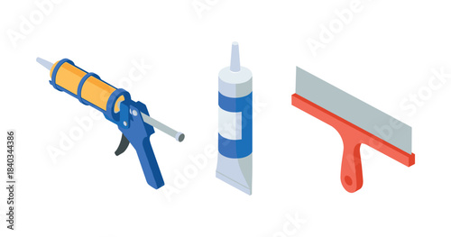 Caulking gun, tube, and scraper illustration for construction and repair