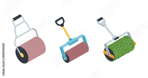 Three isometric lawn rollers with grass, metal, and blue handles