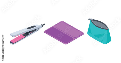 Hair styling kit with straightener, heat mat, and cosmetic bag
