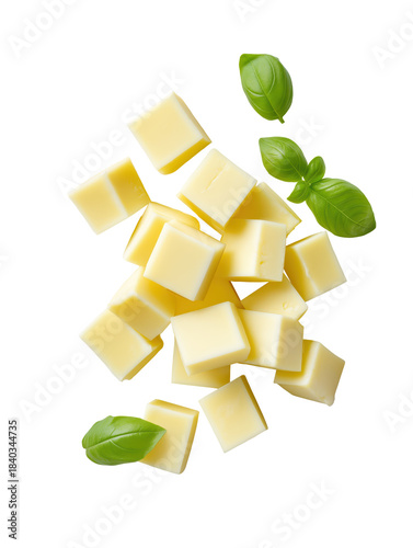 Diced yellow cheese cubes with fresh basil leaves