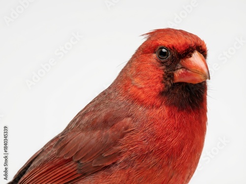 A close-up portrait of a vibrant red male Northern Cardinal perched against a plain white background.