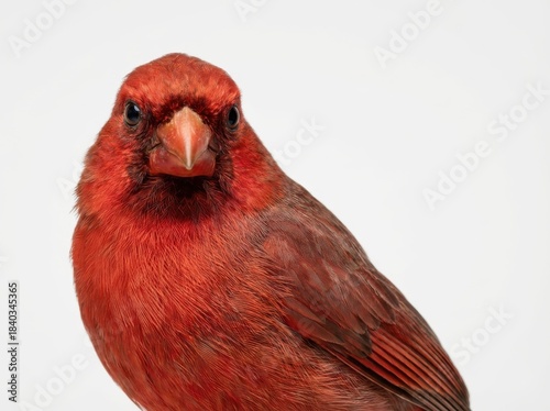 Close-up portrait of a vibrant red male Northern Cardinal bird with a sharp orange beak against a plain white background.