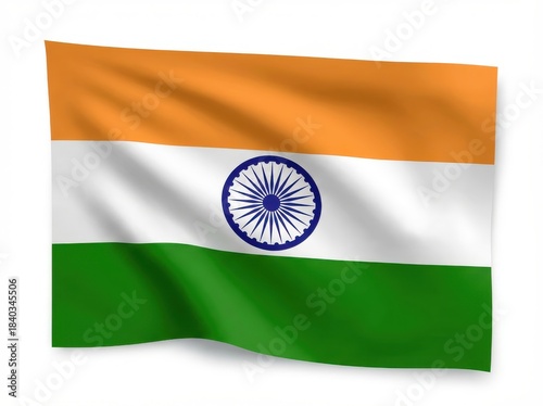 A realistic depiction of the national flag of India, the Tiranga, waving gently against a white background.