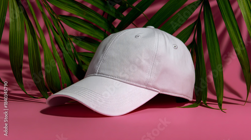 White baseball cap mockup on a pink background with a tropical leaf. Mock-up template for design and print presentation display, summer concept