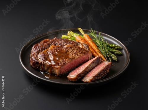 A moody, high-contrast studio shot captures a thick, steaming ribeye steak, sliced and served with carrots and asparagus on a dark plate.