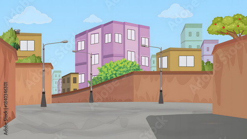 Cartoon city street with buildings and trees under a blue sky