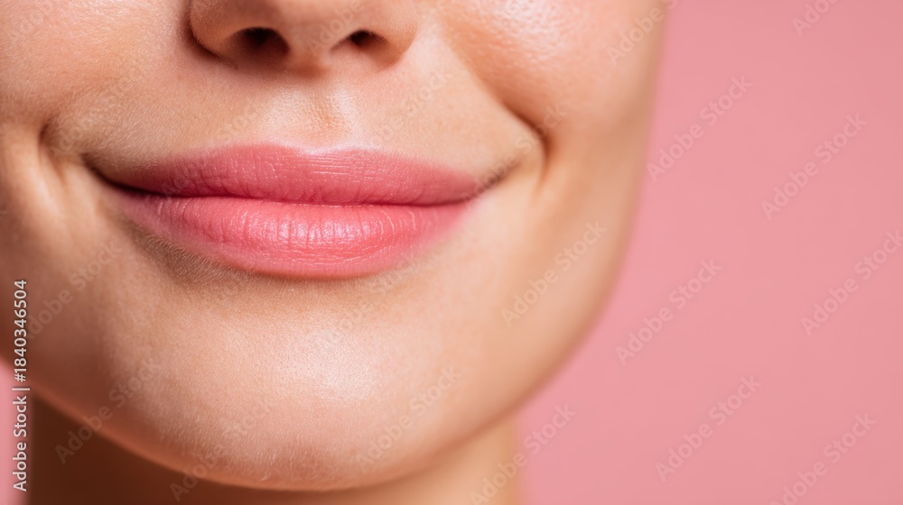 Obraz premium Softly smiling caucasian woman closeup studio portrait photography pink background standard view beauty concept