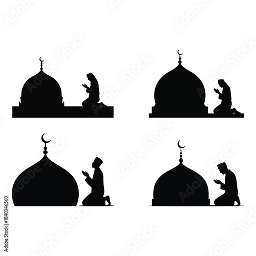 Muslim Figures Praying At Mosques Silhouettes islam