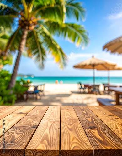 Tropical beach scene with wooden table