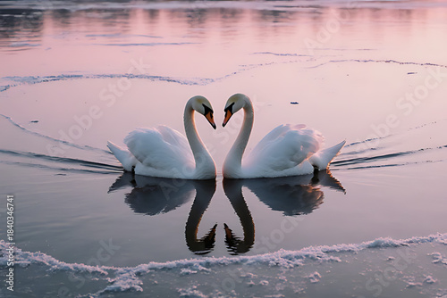 Romantic Winter Love: Two Swans Forming a Heart Shape on a Frozen Lake at Sunset, Symbol of Eternal Love and Valentine's Day

