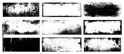 Old abstract grunge frame background set. featuring distressed edges brush stroke borders dirty texture and black ink splash effect.