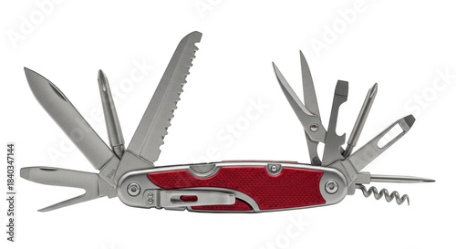 Red multi tool with open blades and tools on black
