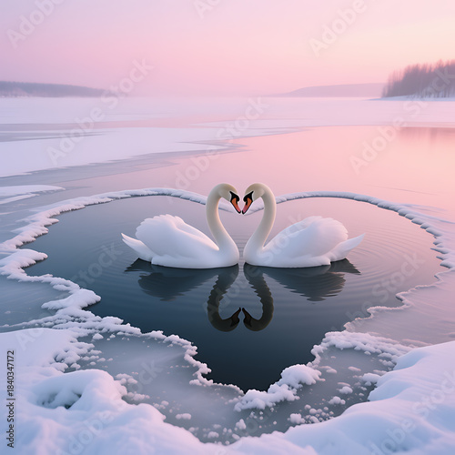 Romantic Winter Love: Two Swans Forming a Heart Shape on a Frozen Lake at Sunset, Symbol of Eternal Love and Valentine's Day

