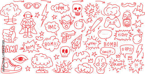 Set of hand drawn elements doodle comics isolated on white background. A collection of diverse hand-drawn doodle elements and comic style graphics, perfect for adding a unique, artistic touch to your 