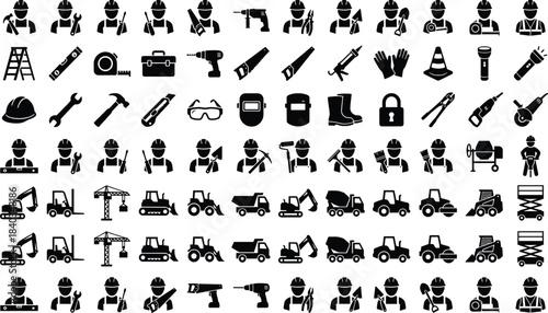 Construction workers, safety gear, tools, vehicles, black silhouette icons, industrial equipment, labor poses, engineering tools, vector set, occupational safety symbolsConstruction workers,