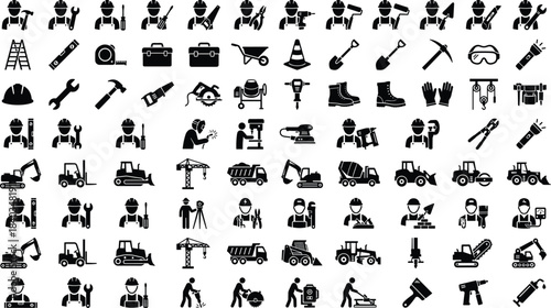 Construction workers, safety gear, tools, vehicles, black silhouette icons, engineering equipment, labor poses, industrial tools, vector set, occupational safety symbolsConstruction workers, 