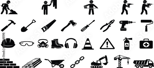 Construction workers, safety gear, tools, machinery, black silhouette icons, vector set, industrial equipment, building site, labor tools, occupational safety symbolsConstruction workers,