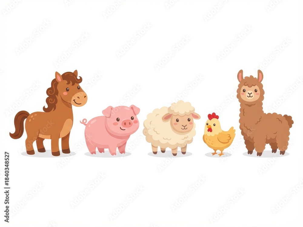 Obraz premium A cute, cheerful flat vector illustration depicting five common farm animals—a horse, pig, sheep, chicken, and llama—standing side-by-side on a clean white background.
