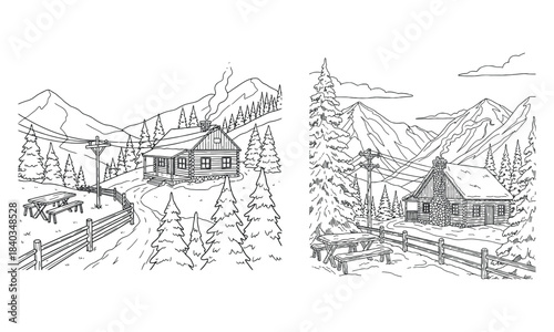 Black and white illustration of two winter cabin and train stations side by side in mountains