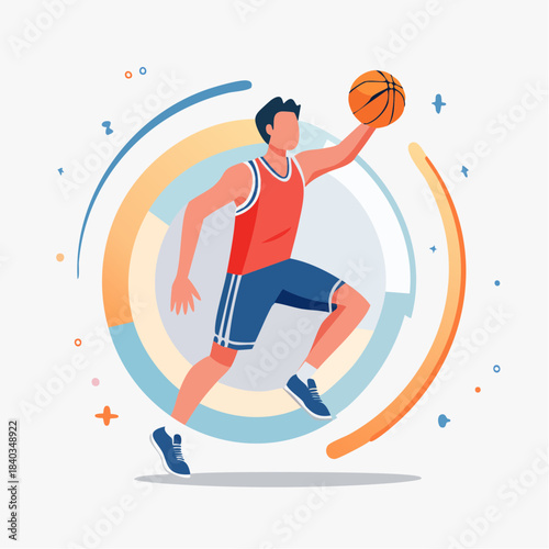 Basketball player jumping to shoot ball in dynamic abstract circle frame