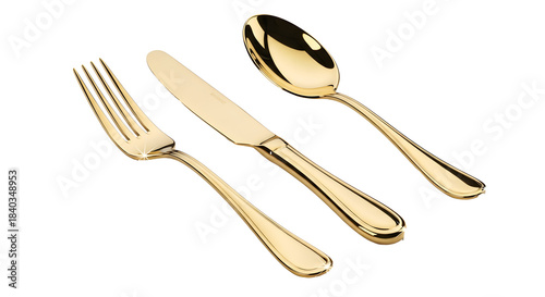 Gold plated cutlery set fork knife and spoon isolated on transparent background