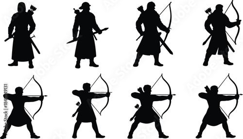 Archer silhouette vector illustration, medieval bow and arrow poses, warrior stance icons, cad drawing flat vector illustration, combat design set