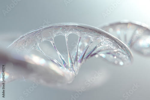 Super detailed rendering of a translucent DNA helix floating on a soft light background, representing genome research, genetic science and hereditary disease treatment concepts.