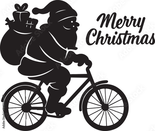 Funny holiday character with gifts. Santa Claus riding a bicycle and Merry Christmas typography clean silhouette vector illustration