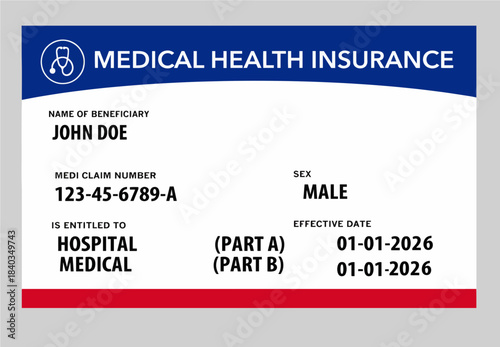 Here is a 2026 generic mock USA federal medical health insurance card. It does not include the word Medicare anywhere on the card. It is a vector image.