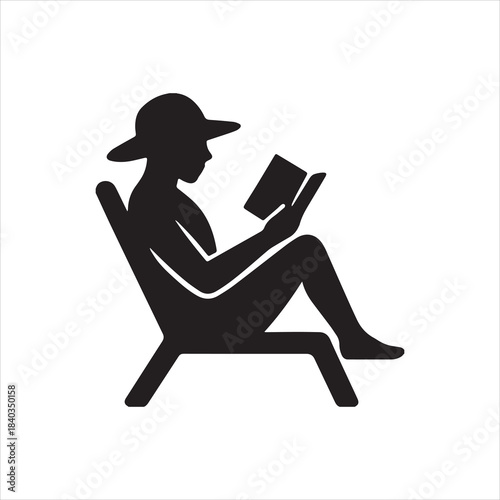  Silhouette of woman reading book on deck chair Vector illustration
