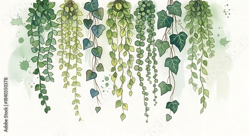 Botanical Cascade - Watercolor Hanging Plants Illustration on White Background.