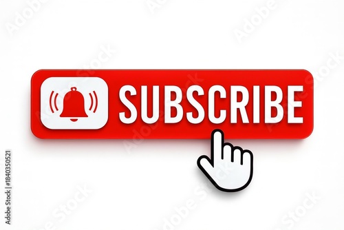 Red subscribe button with notification bell icon and cursor hand pointer on a white background
