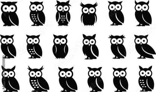 Owl silhouette vector illustration, stylized bird icons, unique owl designs, cad drawing flat vector illustration, wildlife animal graphic set