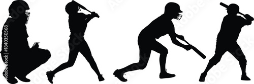 Baseball player silhouettes catcher and batter action poses, Baseball sports silhouette action design